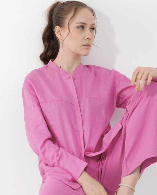 Rareism Women's Aruba Pastel Pink Cotton Linen Fabric Collared Neck Solid Regular Fit Shirt