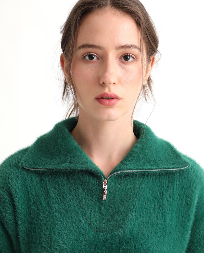 Rareism Women'S Asser Green Nylon Fabric Full Sleeves Regular Fit Solid Drop Collar Sweater