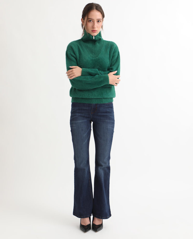Rareism Women'S Asser Green Nylon Fabric Full Sleeves Regular Fit Solid Drop Collar Sweater