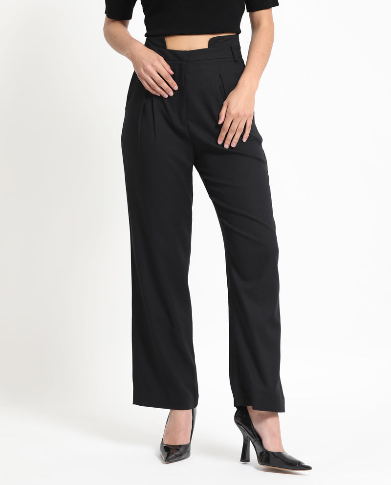 Rareism Women's Atgan Black Polyester Fabric Zip Closure Tailored Fit Plain Ankle Length Trousers