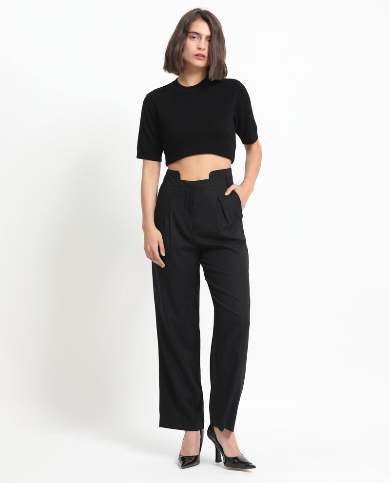 Rareism Women's Atgan Black Polyester Fabric Zip Closure Tailored Fit Plain Ankle Length Trousers