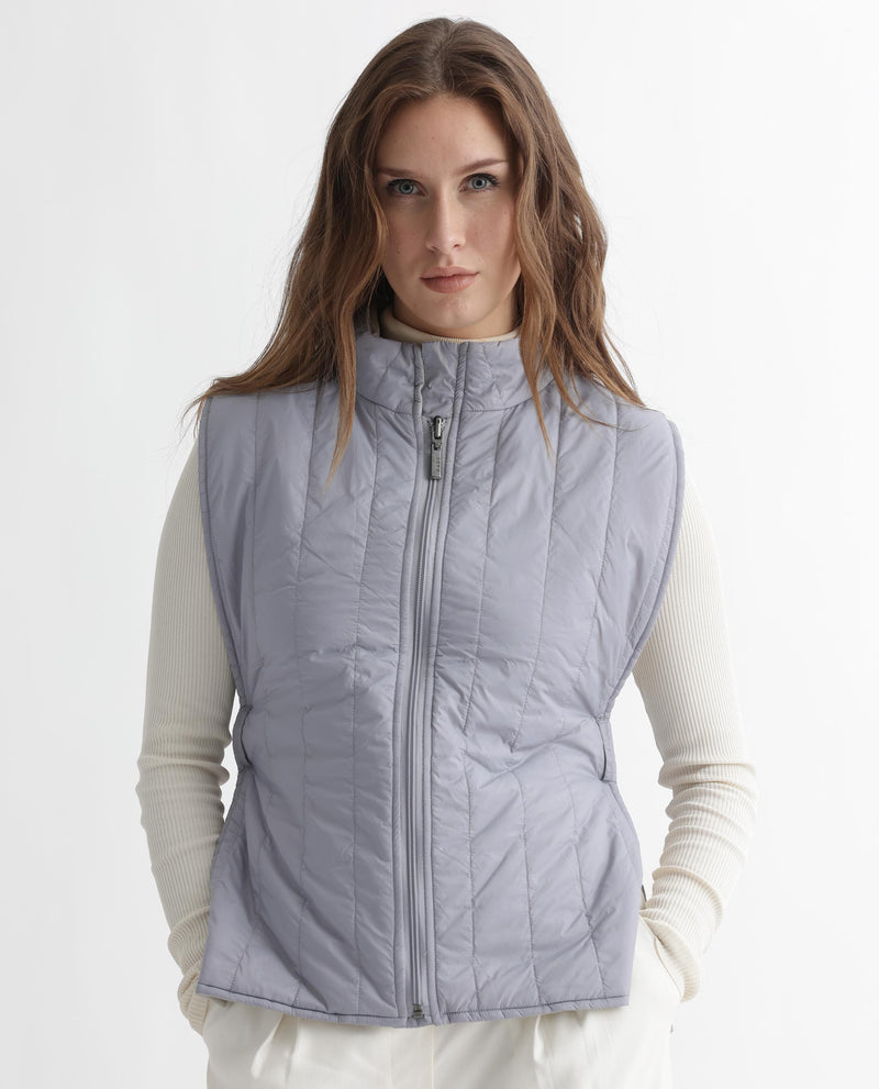 Rareism Women's Aurora Beige Polyester Fabric Sleeveless Solid High Neck Jacket