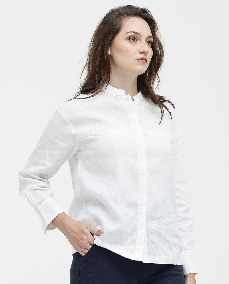 Rareism Women'S Aruba White Cotton Linen Fabric Collared Neck Solid Regular Fit Shirt