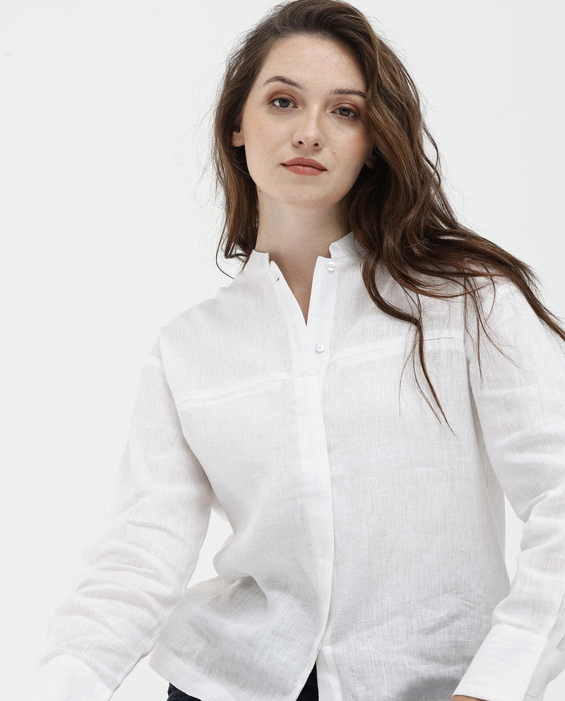 Rareism Women'S Aruba White Cotton Linen Fabric Collared Neck Solid Regular Fit Shirt