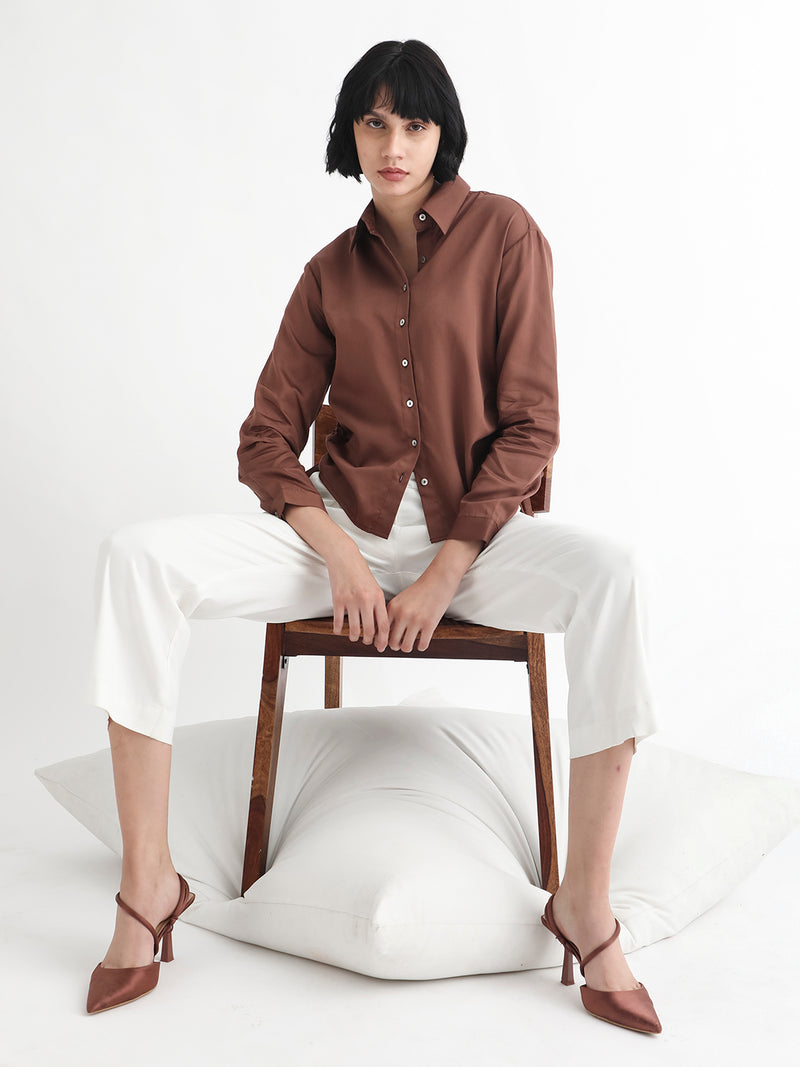 Rareism Women'S Avocado Brown Cotton Fabric Regular Fit Shirt Collar Full Sleeves Solid Top