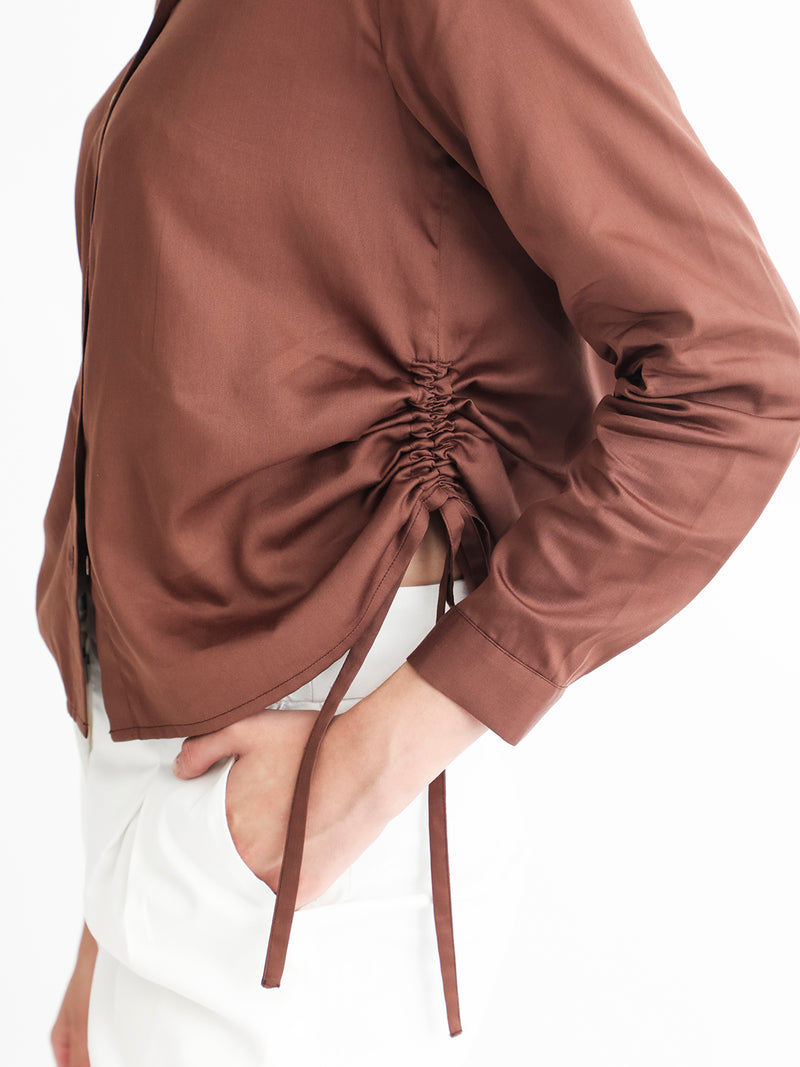Rareism Women'S Avocado Brown Cotton Fabric Regular Fit Shirt Collar Full Sleeves Solid Top