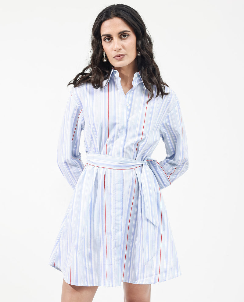 Rareism Women'S Aydal Light Blue Cotton Fabric Sleeveless Collared Neck Button Closure Stripe Regular Fit Dress