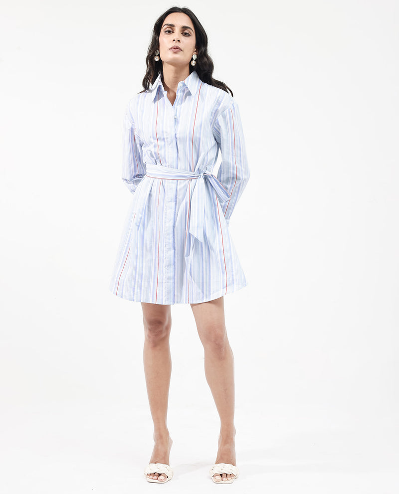Rareism Women'S Aydal Light Blue Cotton Fabric Sleeveless Collared Neck Button Closure Stripe Regular Fit Dress