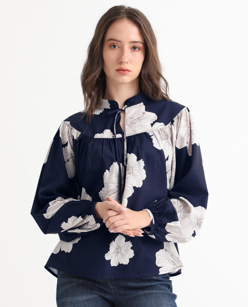 Rareism Women'S Azure Dark Navy Polyester Fabric Full Sleeves Tie-Up Closure High Neck Bishop Sleeve Relaxed Fit Floral Print Top