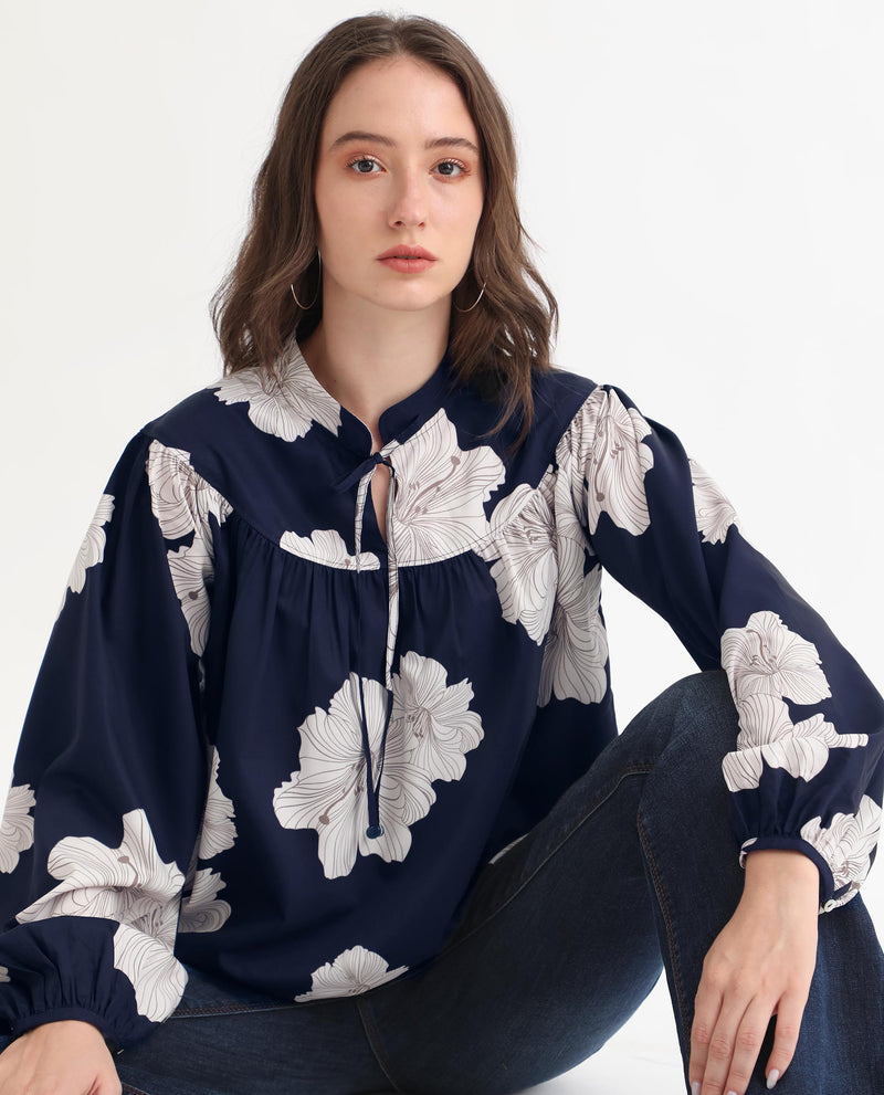 Rareism Women'S Azure Dark Navy Polyester Fabric Full Sleeves Tie-Up Closure High Neck Bishop Sleeve Relaxed Fit Floral Print Top