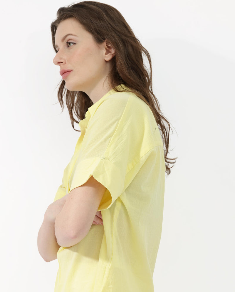 Rareism Women's Azzure Yellow Cotton Fabric Short Sleeves Collared Neck Extended Sleeve Boxy Fit Plain Top