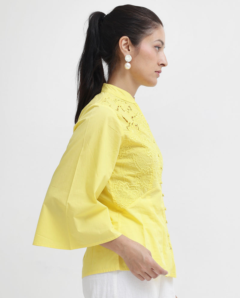Rareism Women'S Badgle-T Pastel Yellow Cotton Fabric Full Sleeve Collared Neck   Embroidered Top