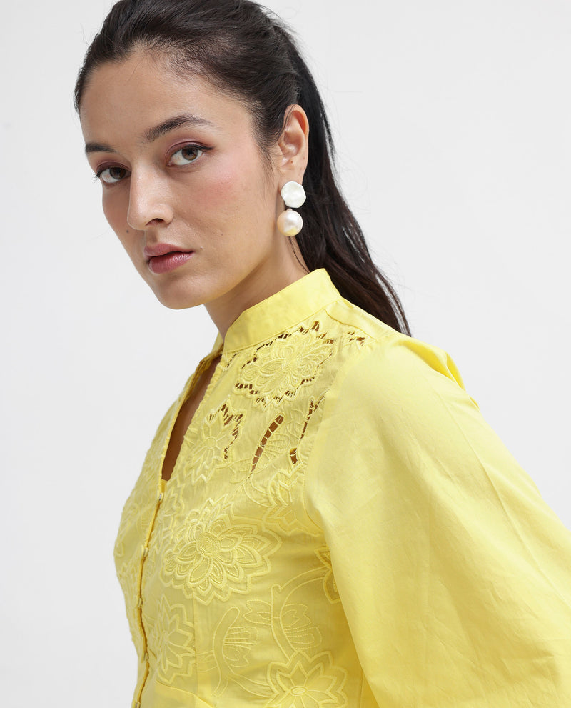 Rareism Women'S Badgle-T Pastel Yellow Cotton Fabric Full Sleeve Collared Neck   Embroidered Top