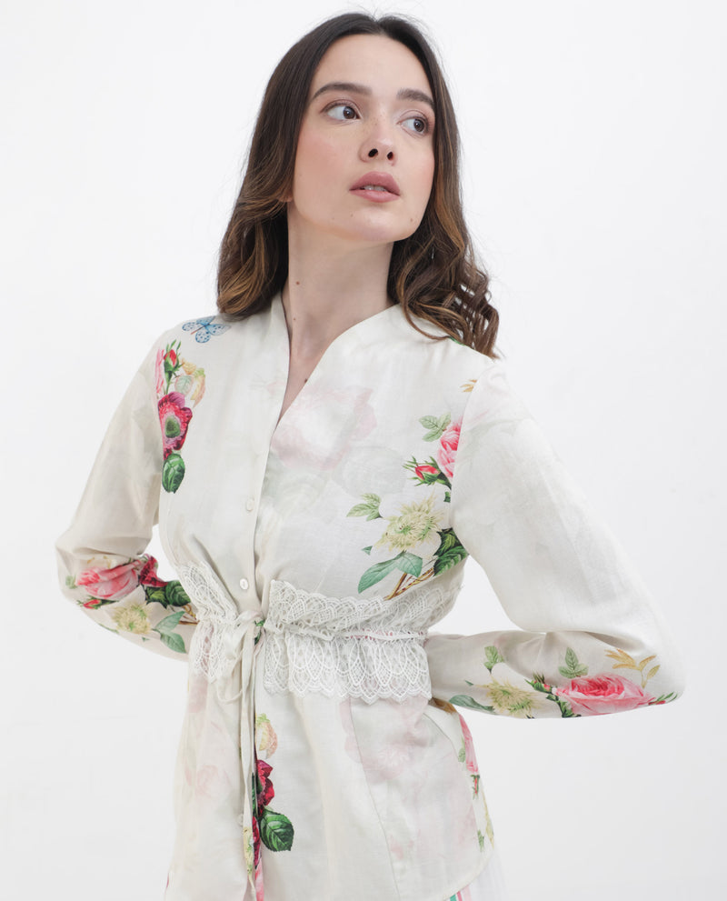 Rareism Women'S Banche-T Off White Cotton Linen Fabric Full Sleeve Collared Neck Floral Print Regular Length Top
