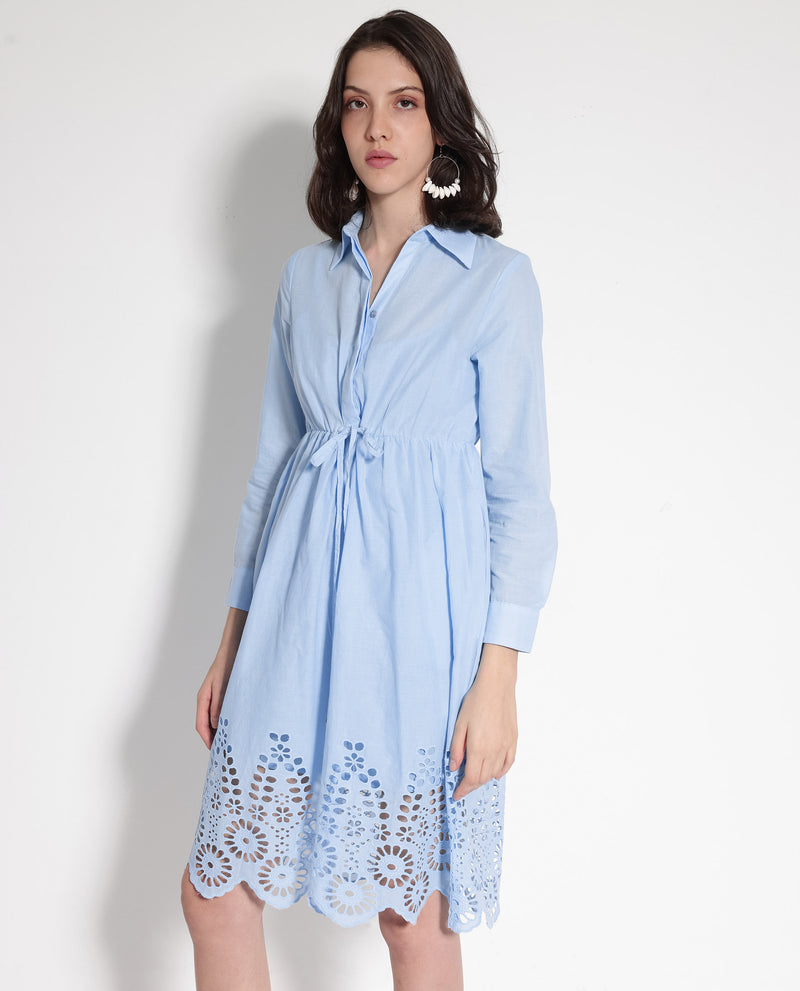 Rareism Women'S Bandalina Blue Cotton Fabric Full Sleeve Collared Neck Solid Longline Dress