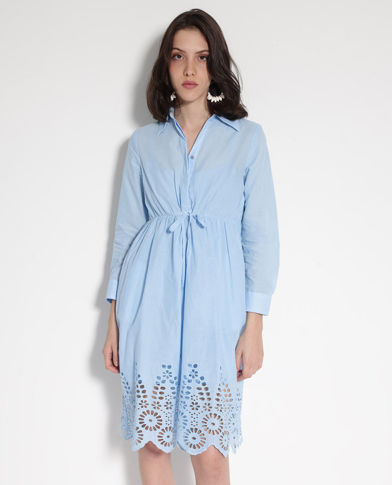 Rareism Women'S Bandalina Blue Cotton Fabric Full Sleeve Collared Neck Solid Longline Dress