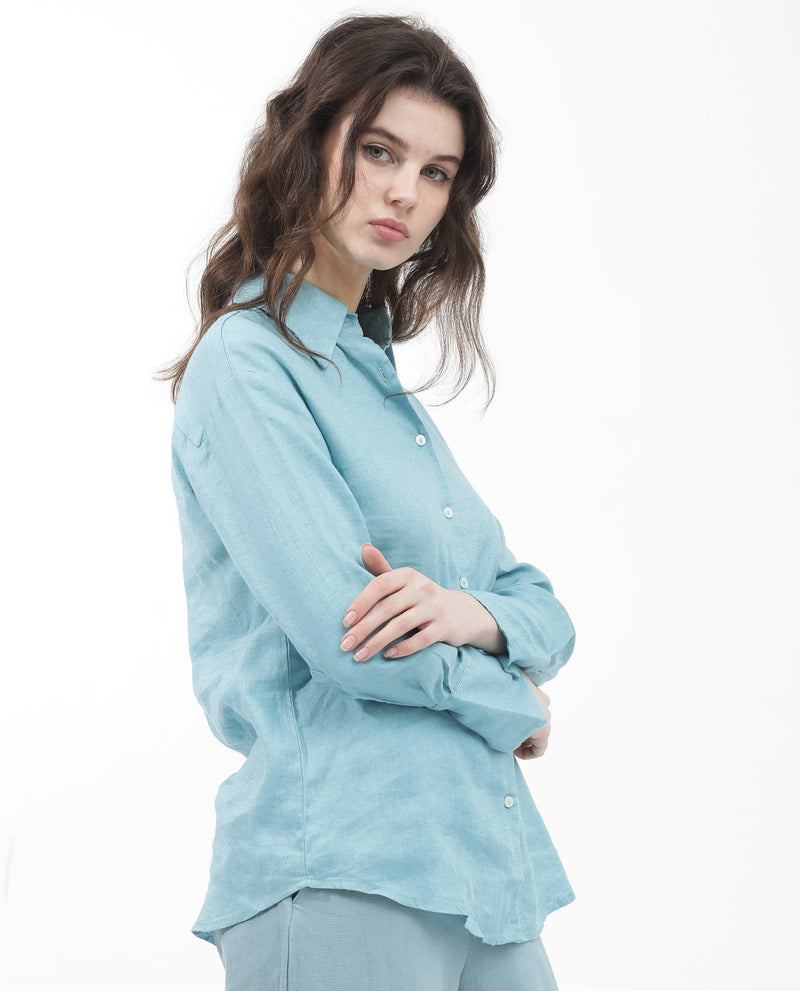 Rareism Women'S Barbados Light Blue Cotton Linen Fabric Collared Neck Solid Regular Fit Shirt