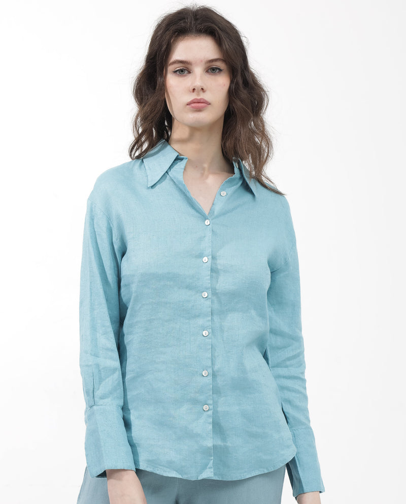 Rareism Women'S Barbados Light Blue Cotton Linen Fabric Collared Neck Solid Regular Fit Shirt