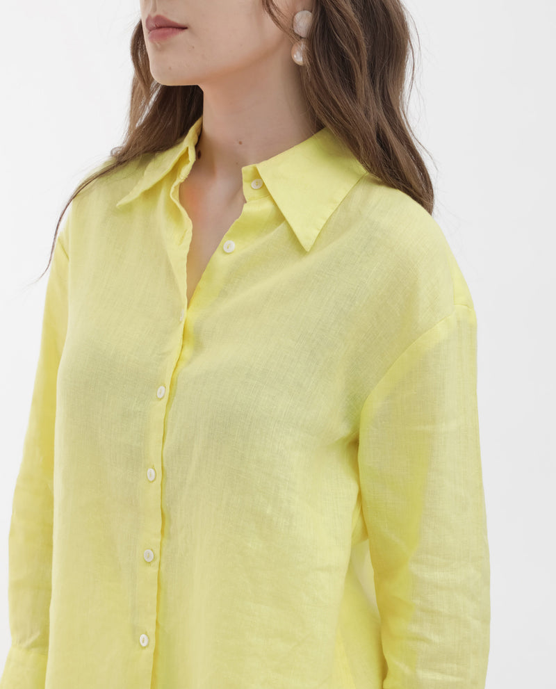 Rareism Women's Barbadoss Yellow Viscose Linen Fabric Full Sleeves Button Closure Shirt Collar Regular Fit Plain Shirt