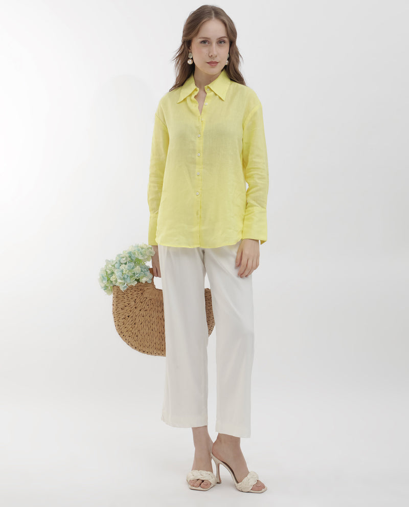 Rareism Women's Barbadoss Yellow Viscose Linen Fabric Full Sleeves Button Closure Shirt Collar Regular Fit Plain Shirt
