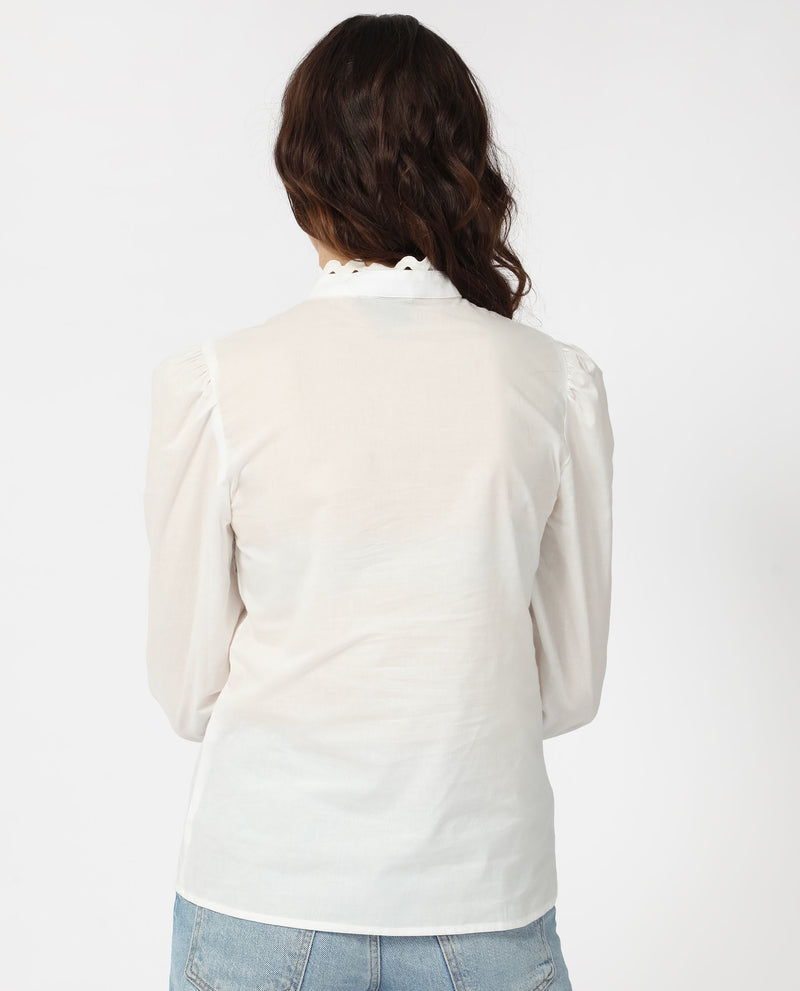 Rareism Women'S Basil Off White Cotton Fabric Full Sleeves Button Closure Mandarin Collar Cuffed Sleeve Regular Fit Plain Blouse Top