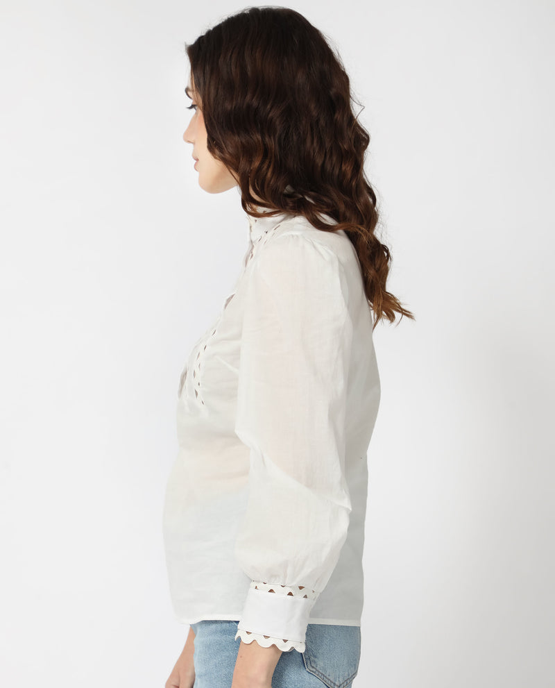 Rareism Women'S Basil Off White Cotton Fabric Full Sleeves Button Closure Mandarin Collar Cuffed Sleeve Regular Fit Plain Blouse Top