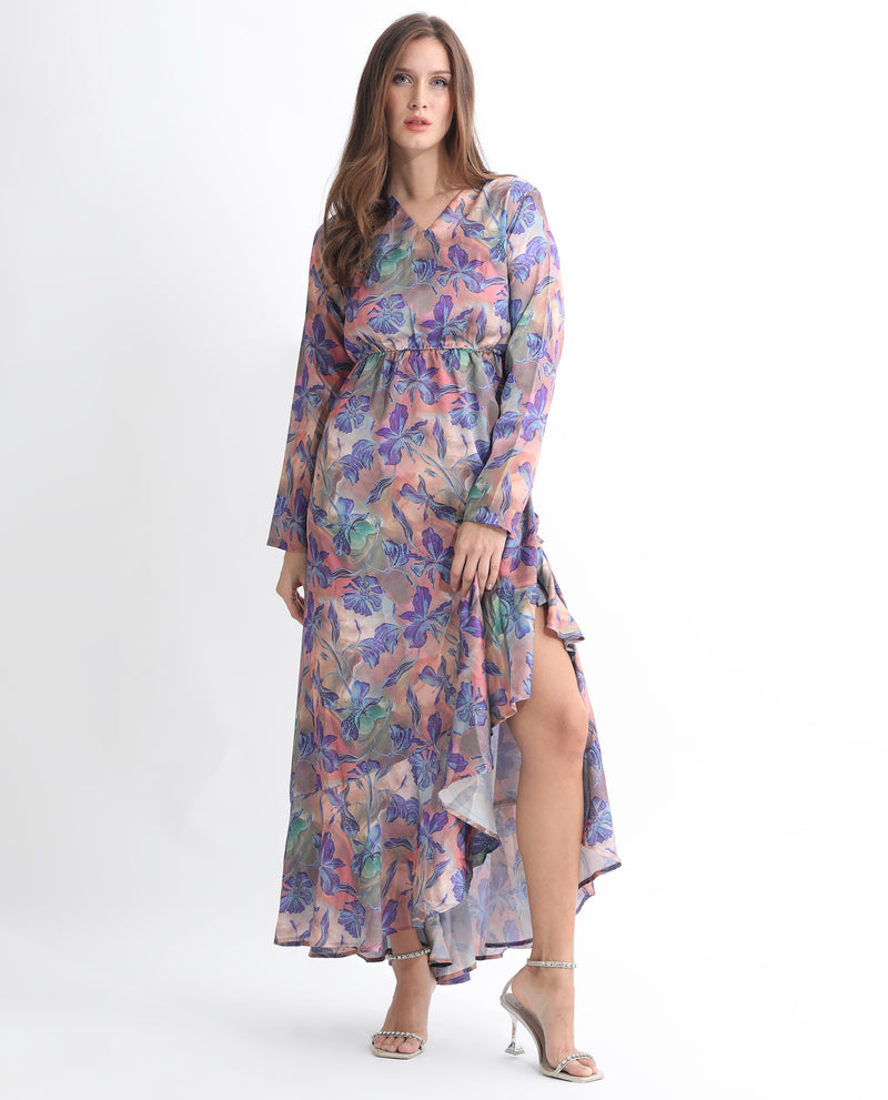 Rareism Women's Belen Pastel Blue Polyester Fabric Full Sleeves Zip Closure V-Neck Flared Fit Floral Print Maxi Empire Dress