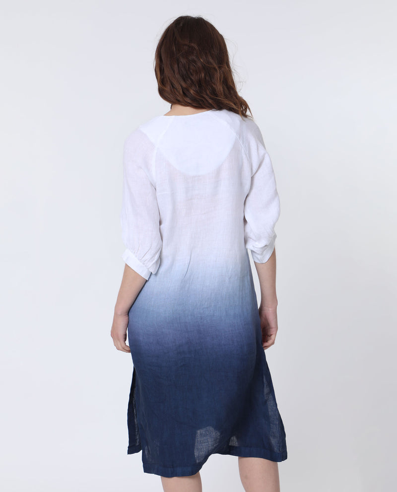 Rareism Women'S Belgan White Ombre V Neck 3/4 Sleeves With Side Slit And Pockets Knee Length Dress