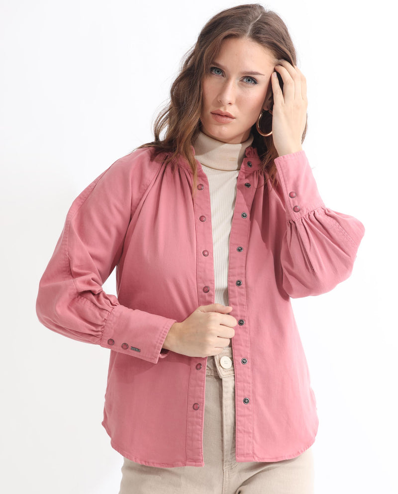Rareism Women's Bellona Dusky Pink Cotton Fabric Full Sleeves Solid Ruffled Neck Jacket