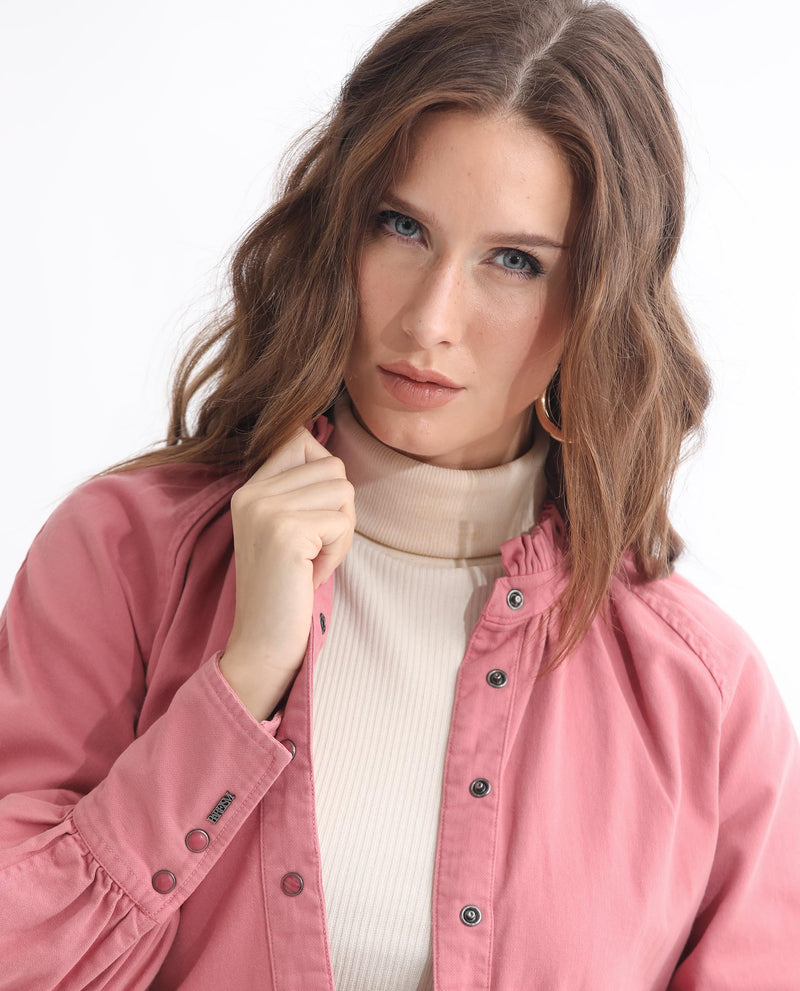 Rareism Women's Bellona Dusky Pink Cotton Fabric Full Sleeves Solid Ruffled Neck Jacket