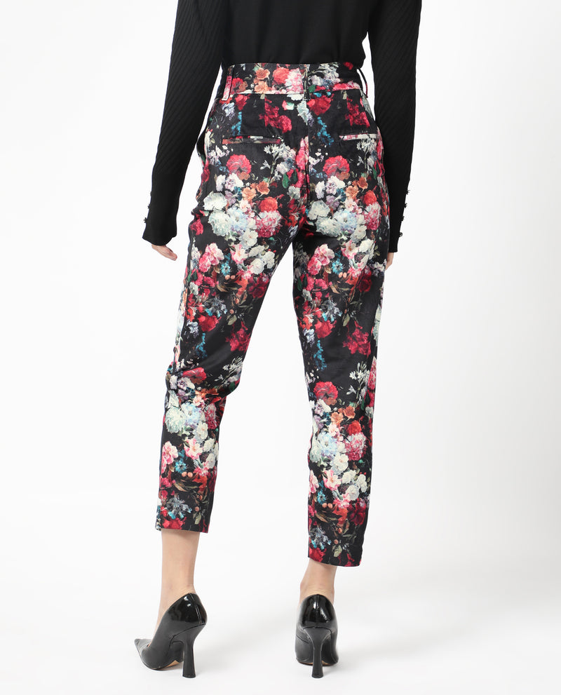 Rareism Women'S Bellot Black Velvet Fabric Hook And Eye Slim Fit Floral Print Ankle Length Trousers