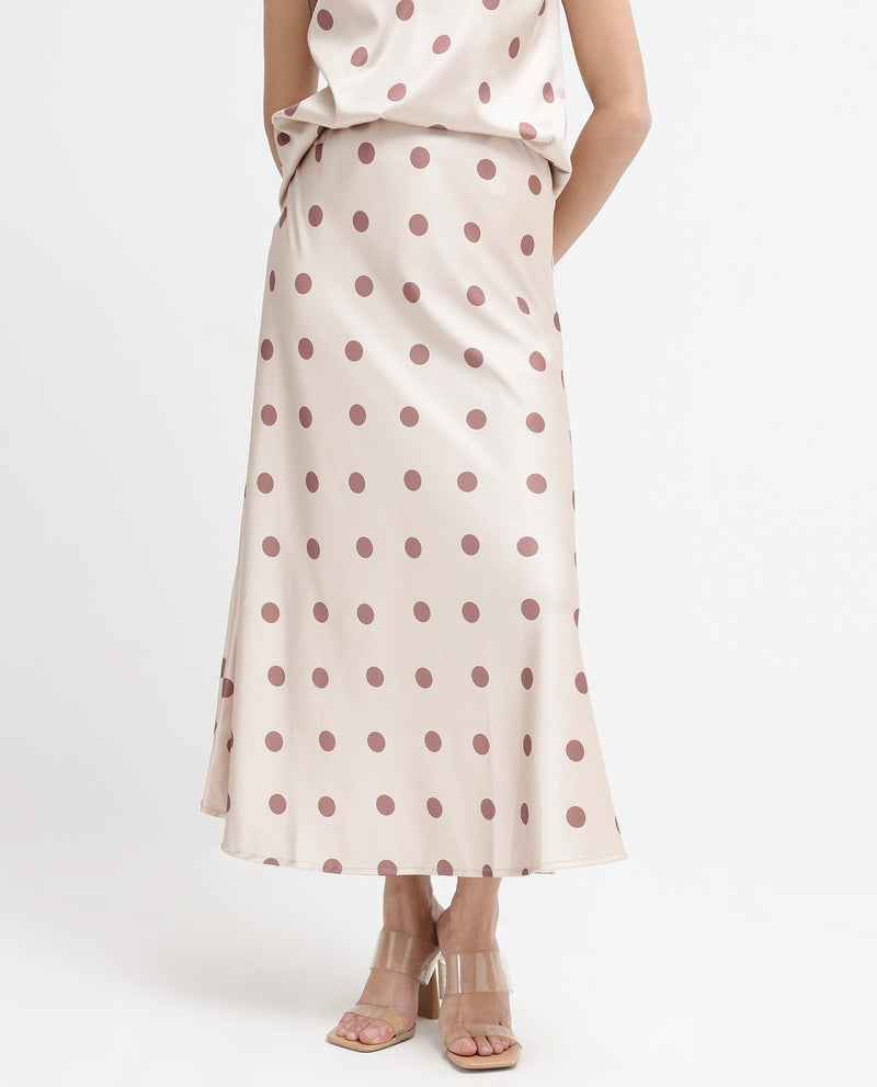 Rareism Women'S Berdo-B Beige Polyester Fabric Polka Print Relaxed Midi Skirt