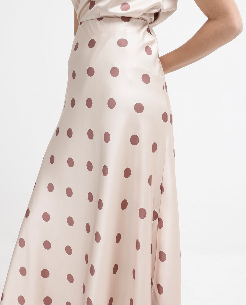 Rareism Women'S Berdo-B Beige Polyester Fabric Polka Print Relaxed Midi Skirt