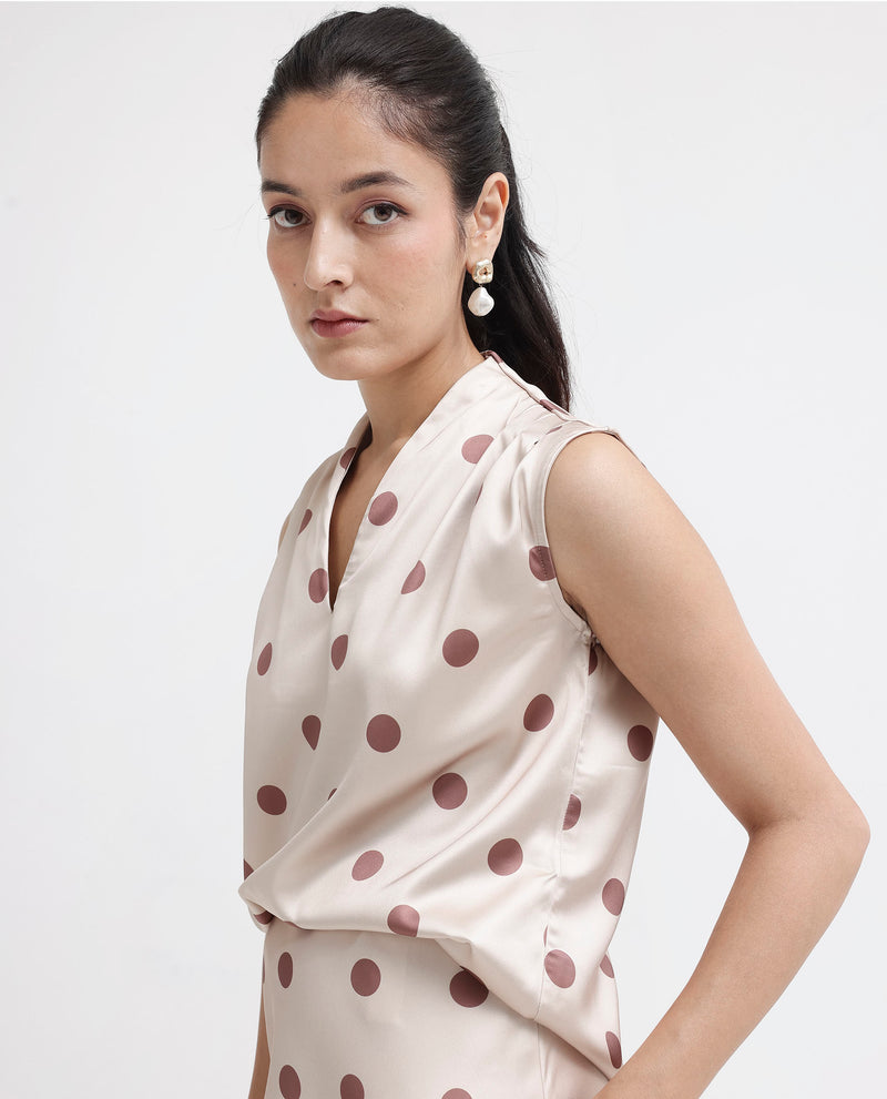 Rareism Women'S Berdo-T Beige Cotton Poly Fabric Short Sleeve V-Neck Button Closure Floral Print Slim Fit Top