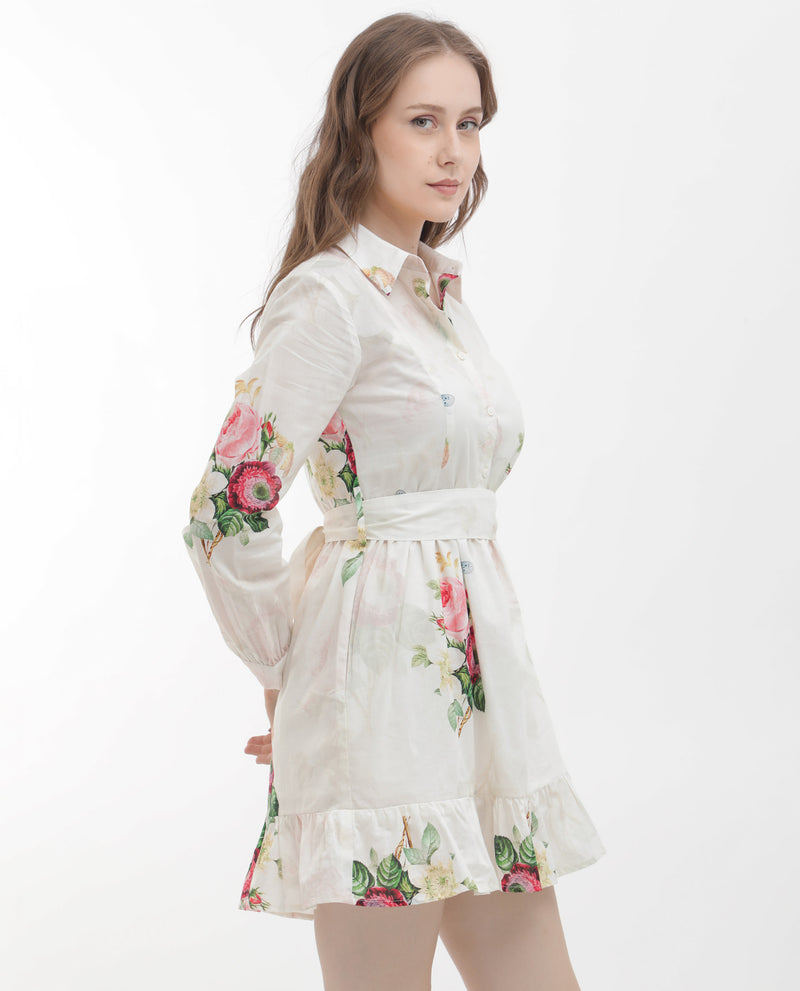 Rareism Women'S Blecki Off White Cotton Fabric Regular Sleeves Collared Neck Floral Print Mini Dress