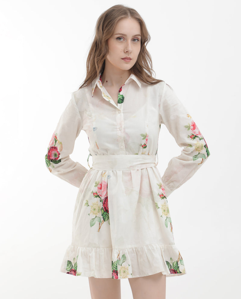 Rareism Women'S Blecki Off White Cotton Fabric Regular Sleeves Collared Neck Floral Print Mini Dress