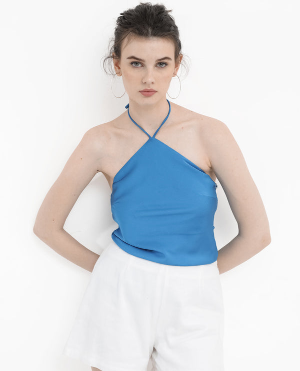 Rareism Women'S Bluray Fluorescent Blue Polyester Fabric Zip Closure Halter Neck Sleeveless Regular Fit Plain Top
