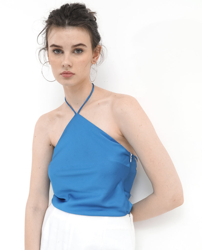 Rareism Women'S Bluray Fluorescent Blue Polyester Fabric Zip Closure Halter Neck Sleeveless Regular Fit Plain Top