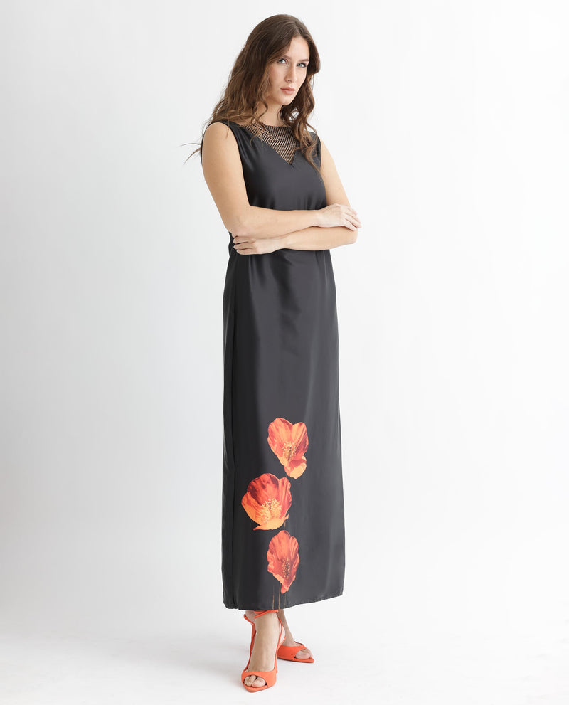 Rareism Women'S Rost Black Polyester Fabric Sleeveless Regular Fit Floral Print Maxi Dress