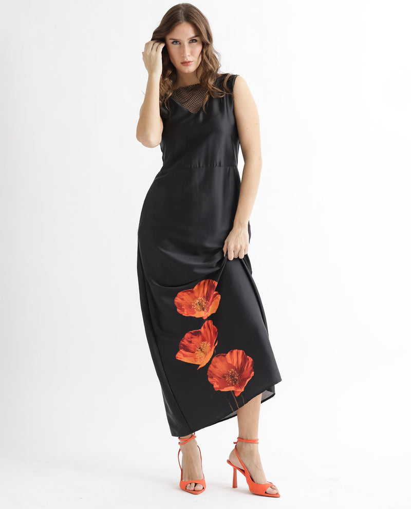Rareism Women's Rost Black Polyester Fabric Sleeveless Regular Fit Floral Print Maxi Dress