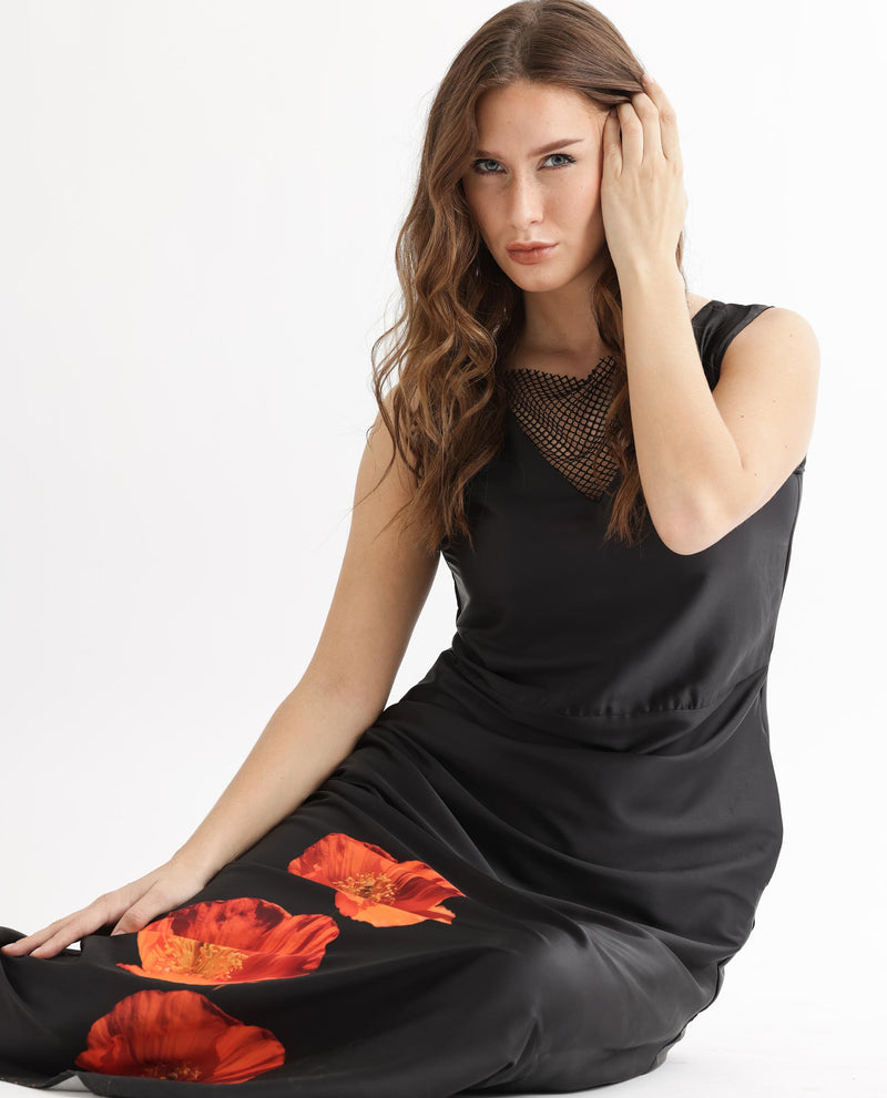 Rareism Women's Rost Black Polyester Fabric Sleeveless Regular Fit Floral Print Maxi Dress