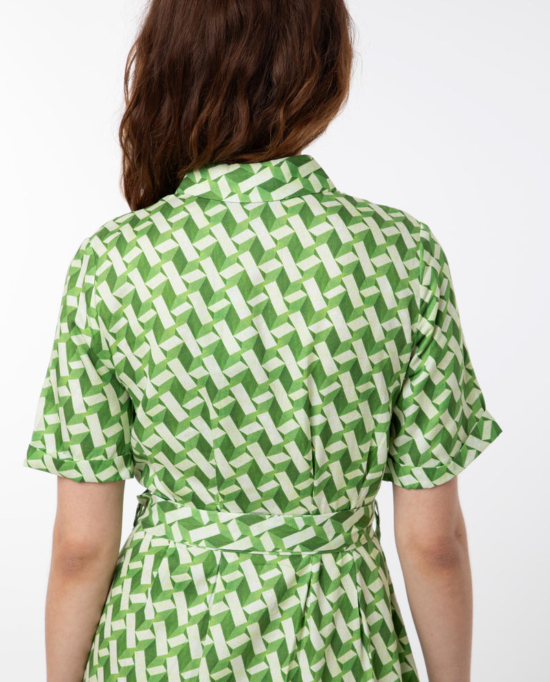 Rareism Women's Bunt Green Cotton Fabric Short Sleeves Button Closure Shirt Collar Regular Fit Geometric Print Knee Length Shirt Type Dress