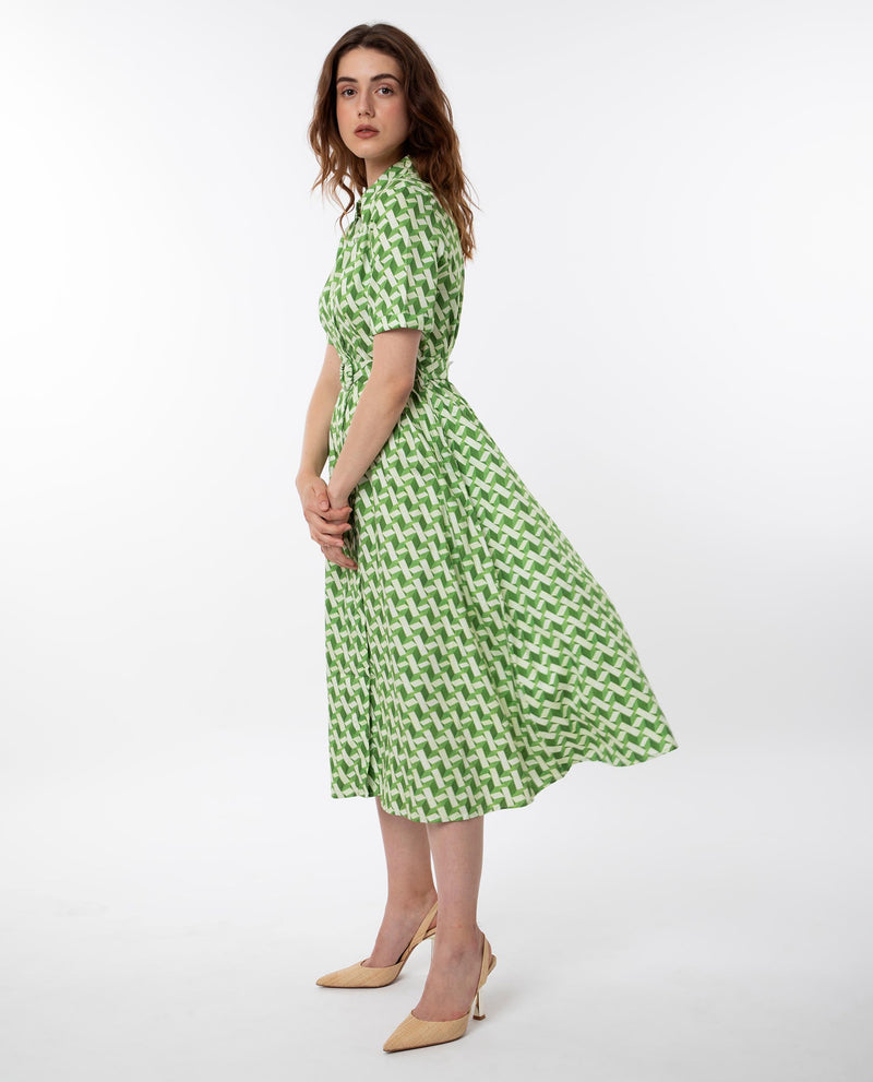 Rareism Women's Bunt Green Cotton Fabric Short Sleeves Button Closure Shirt Collar Regular Fit Geometric Print Knee Length Shirt Type Dress