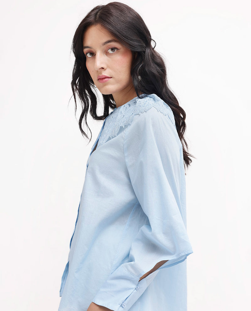 Rareism Women'S Burrido Light Blue Cotton Fabric Collared Neck Solid Regular Fit Shirt
