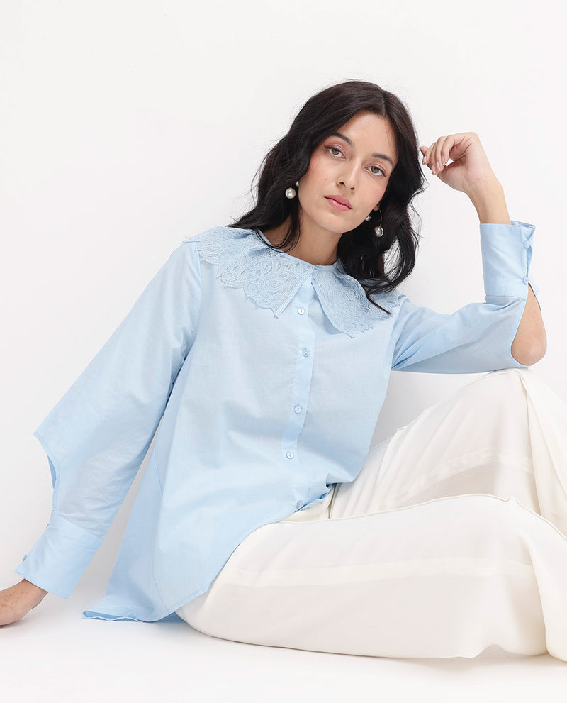 Rareism Women'S Burrido Light Blue Cotton Fabric Collared Neck Solid Regular Fit Shirt