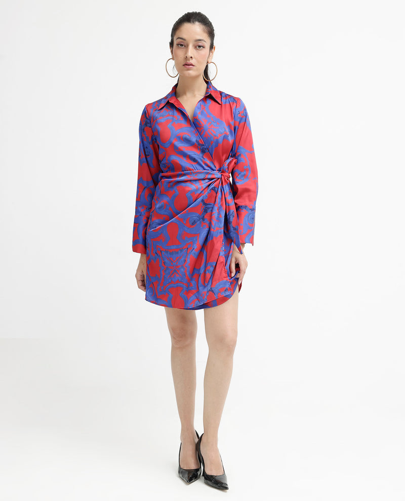 Rareism Women'S Cager Red Cuffed Sleeve Regular Collar Loop Wrap Abstract Print Mini Dress