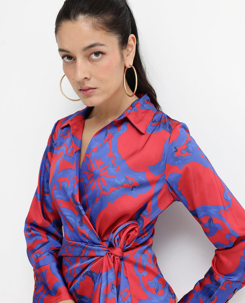 Rareism Women'S Cager Red Cuffed Sleeve Regular Collar Loop Wrap Abstract Print Mini Dress