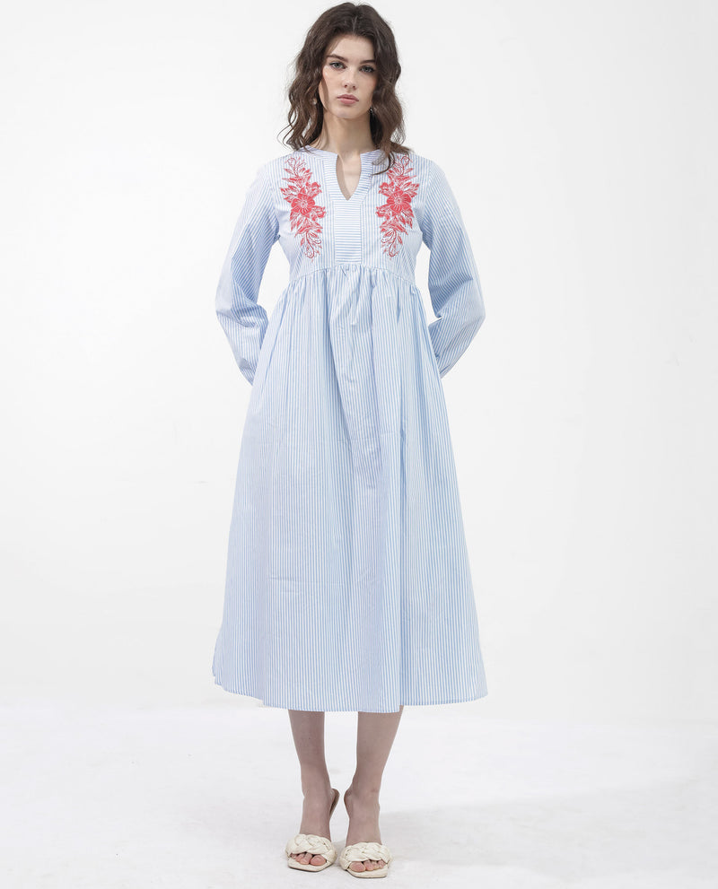 Rareism Women'S Calia Blue Cotton Fabric Regular Sleeves Collared Neck Solid Longline Dress