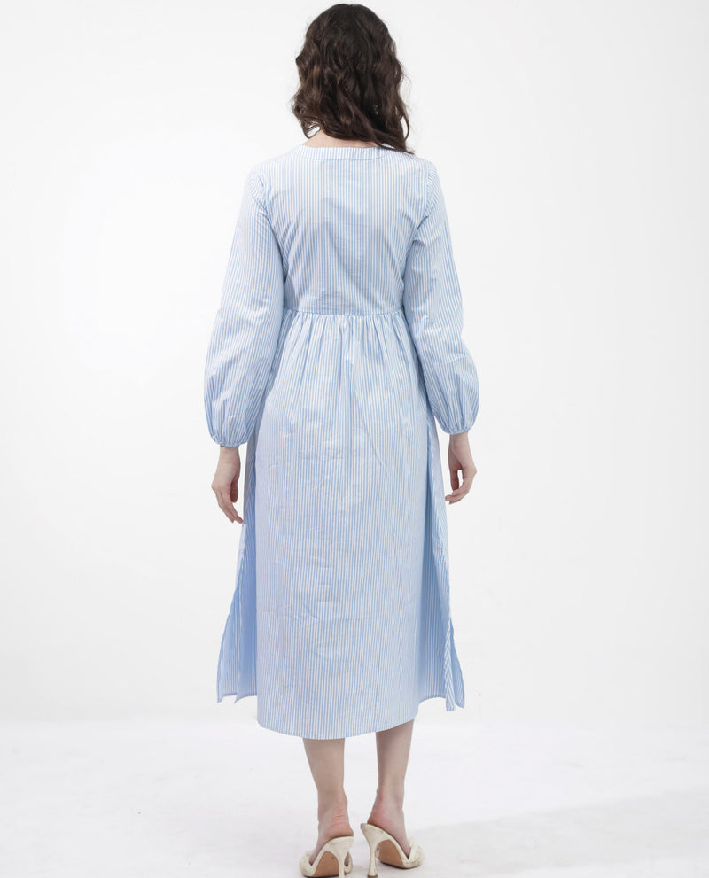 Rareism Women'S Calia Blue Cotton Fabric Regular Sleeves Collared Neck Solid Longline Dress