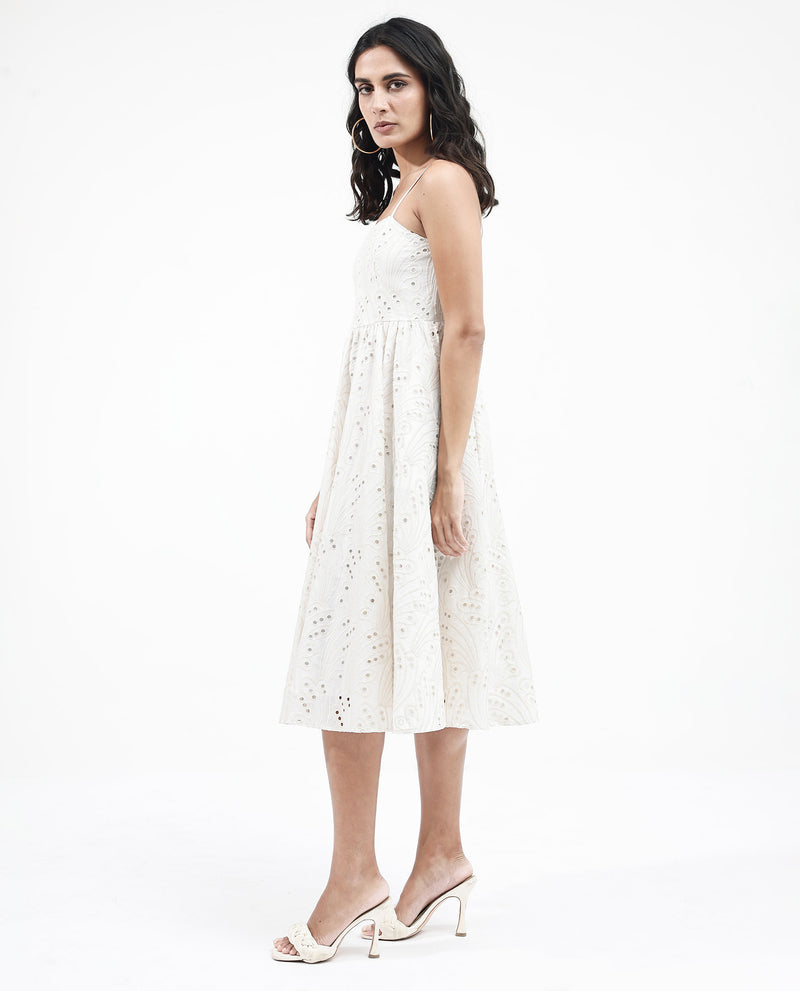 Rareism Women'S Calvert White Cotton Fabric Noodle Strap Off Shoulder Solid Longline Dress